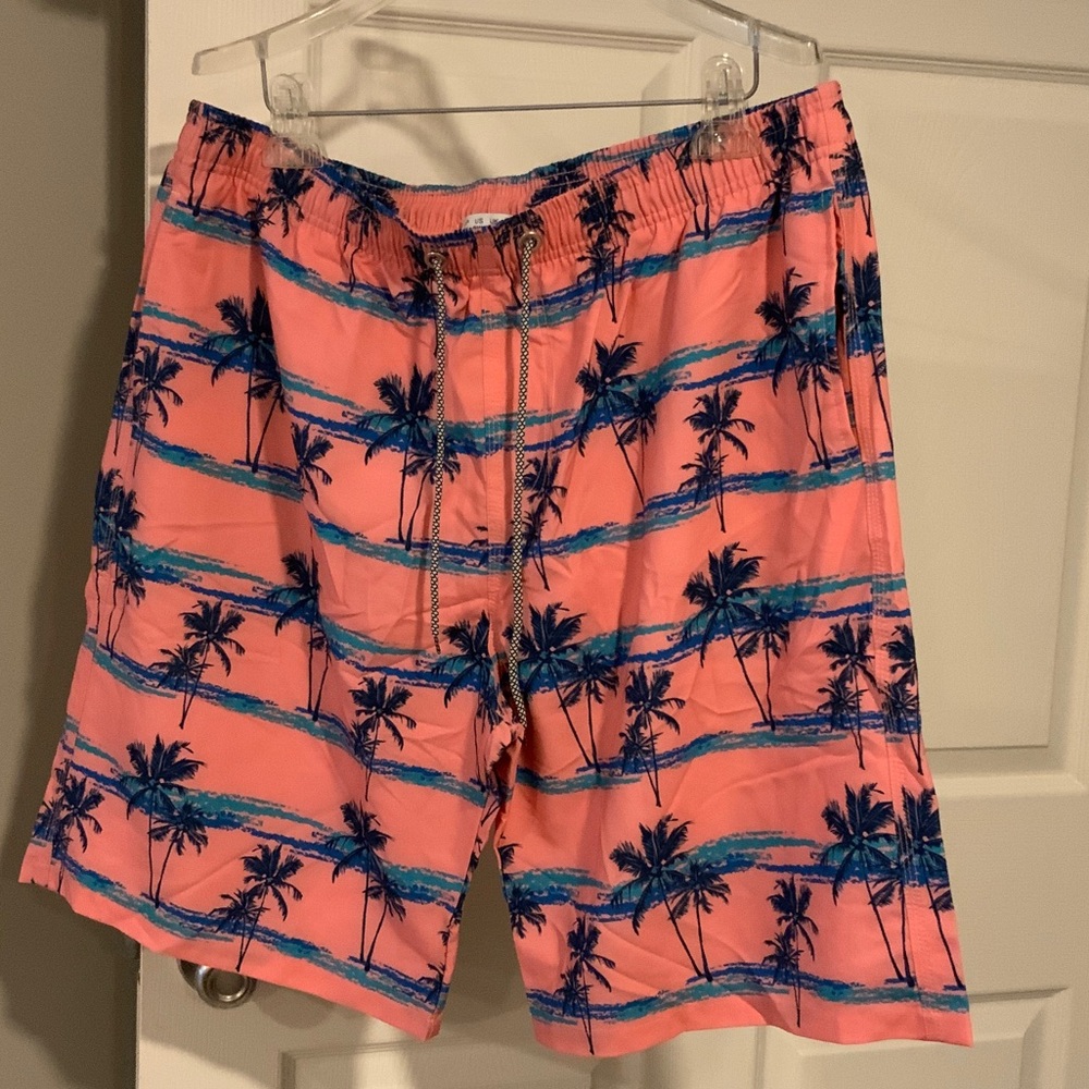 Tropical Palm Tree Men's Swim Shorts - Pink and Blue